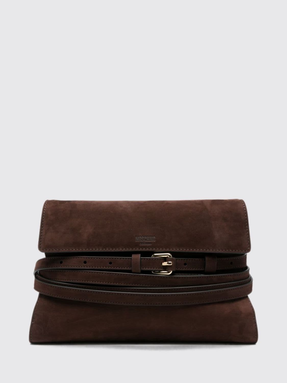 Moschino Couture Suede Clutch with Flared Design and Shoulder Strap