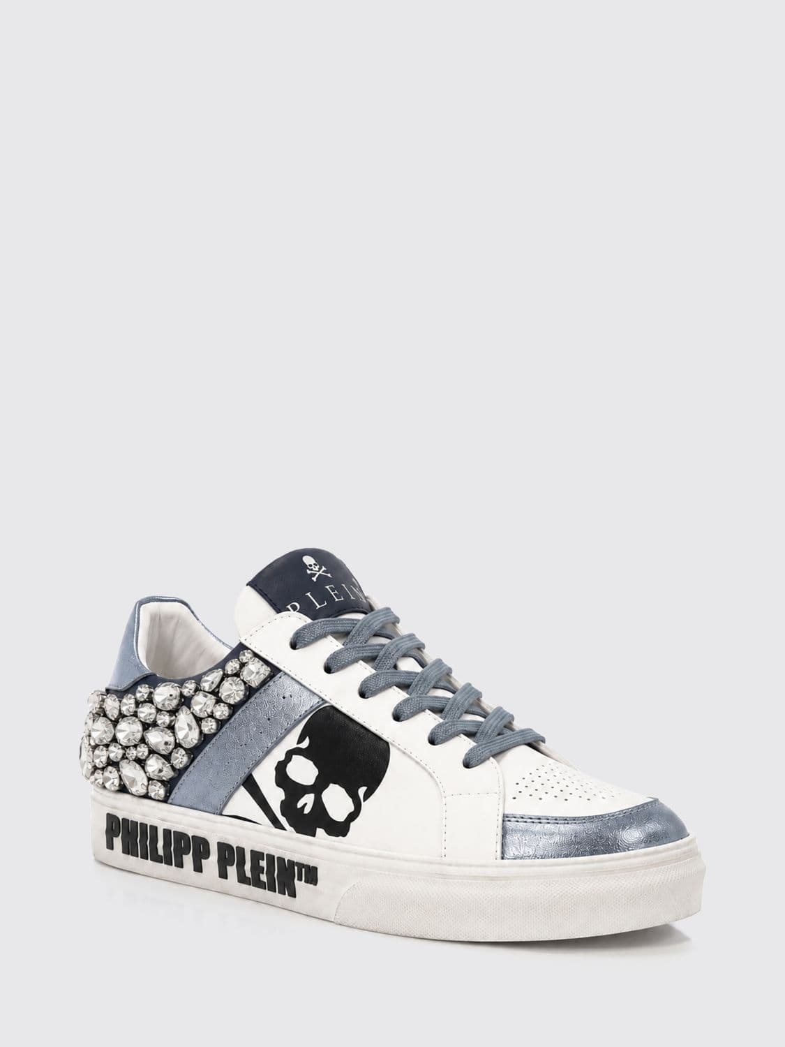 Philipp Plein Skull Print Leather Low-Top Sneakers with Crystals