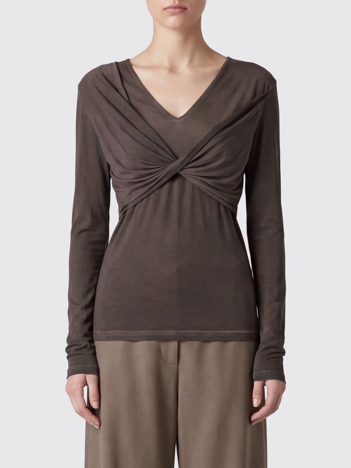 Uma Wang Slim Fit Draped Jersey V-Neck Top with Long Sleeves