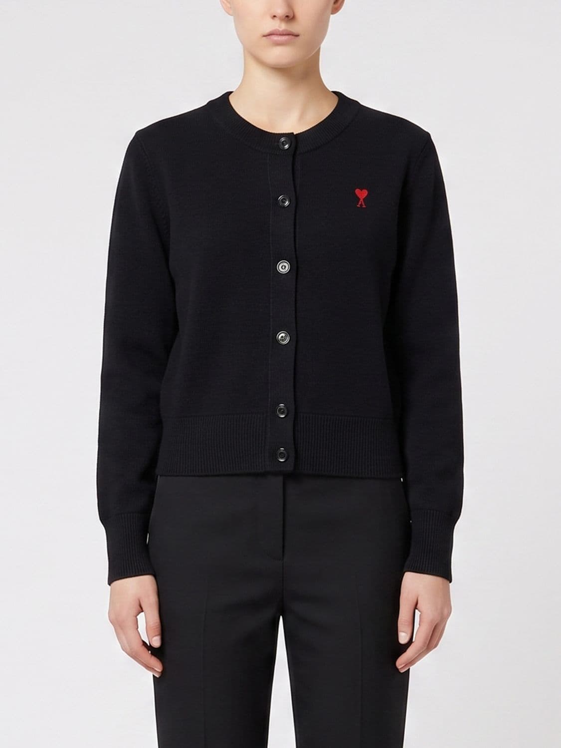 Ami Paris Crewneck Cardigan in Pure Merino Wool with Embroidered Logo