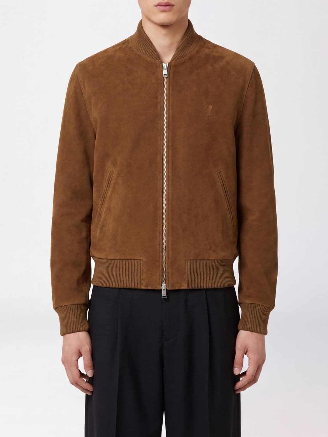 Ami Paris Relaxed Fit Suede Leather Bomber Jacket with Embroidered Logo