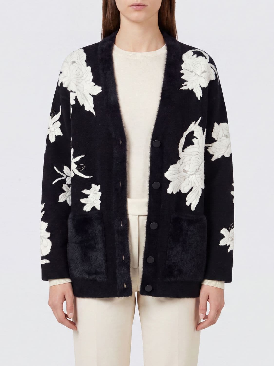 Forte Forte V-Neck Cardigan in Cotton Blend with Floral Embroidery
