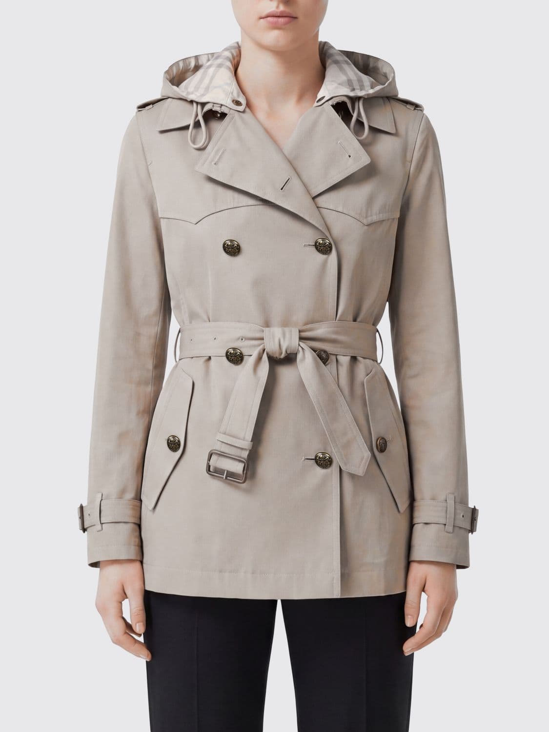 Burberry Foxfield Short Hooded Double-Breasted Trench Coat in Cotton