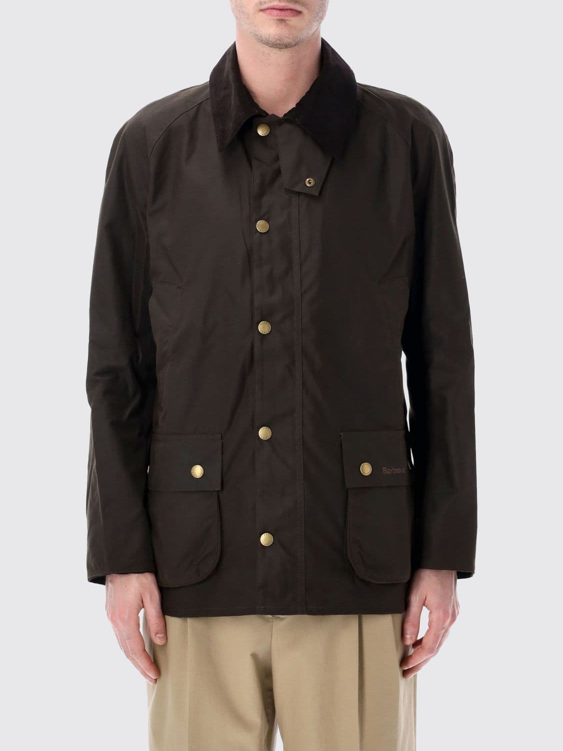 Barbour Ashby Waxed Cotton Jacket with a Corduroy Collar and Pockets