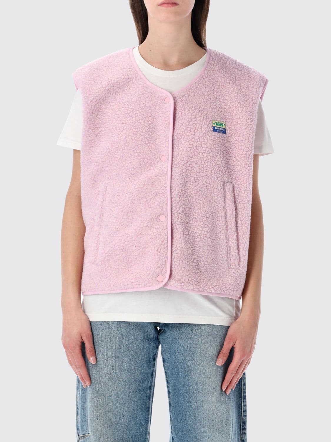 American Vintage Crewneck Padded Fleece Vest with Button Closure and Pockets