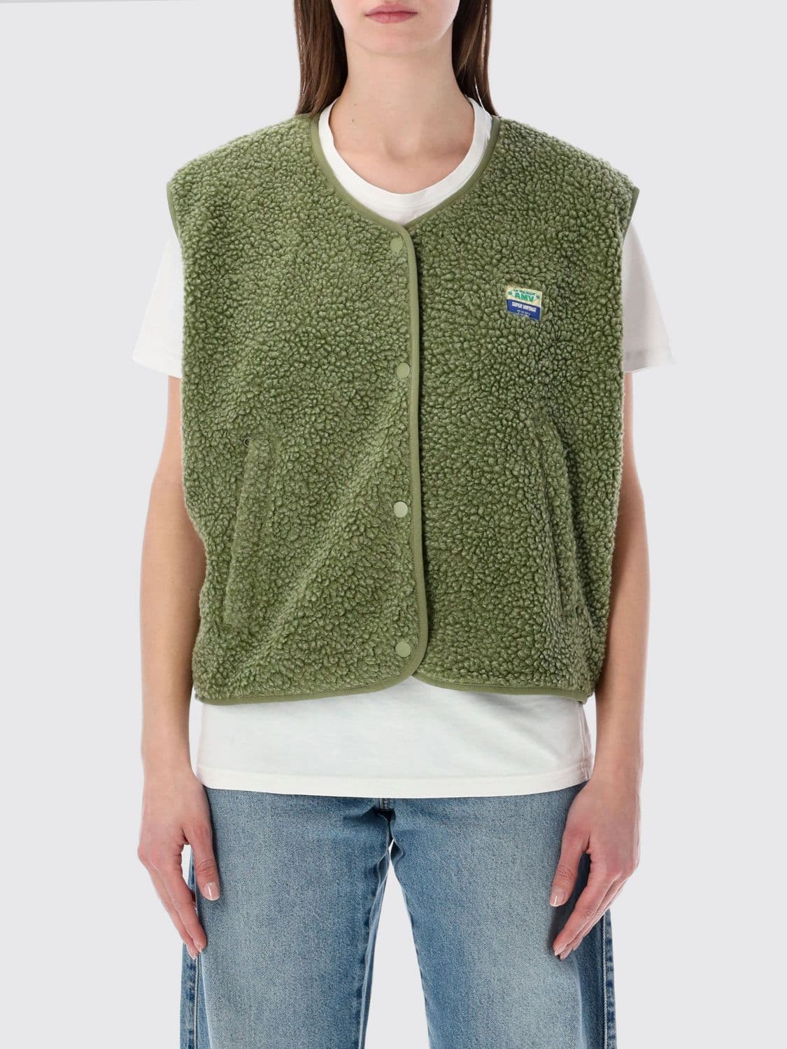 American Vintage Crewneck Padded Fleece Vest with Button Closure and Pockets