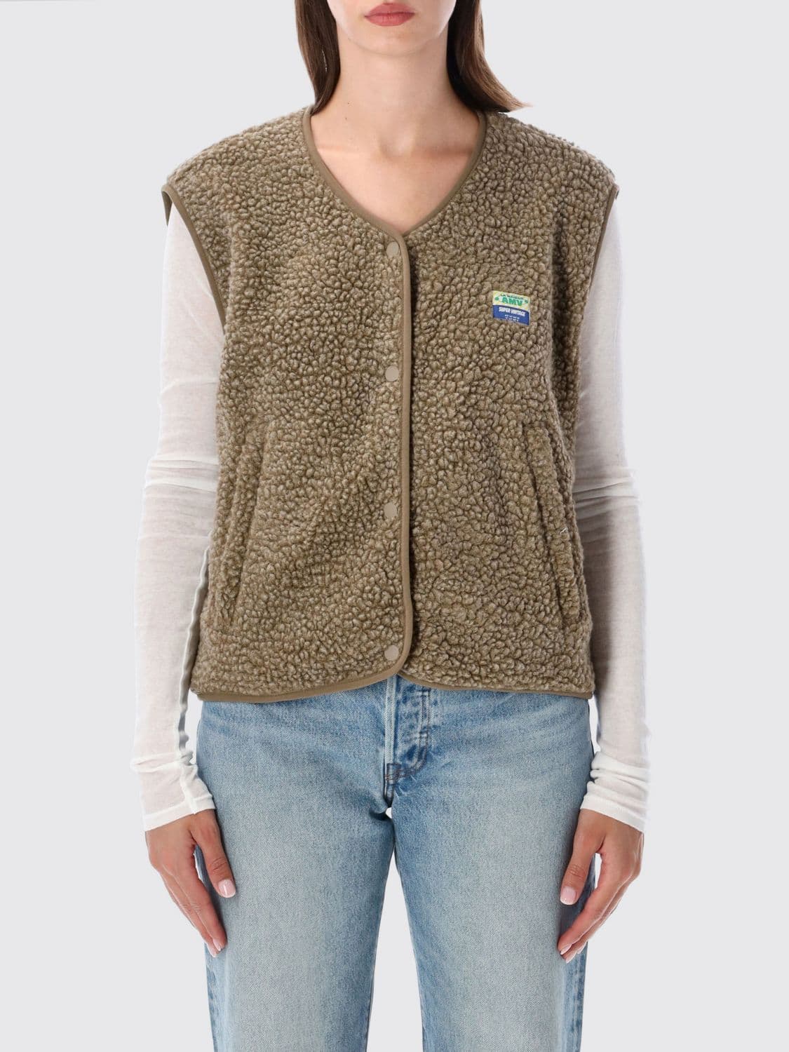 American Vintage Crewneck Padded Fleece Vest with Button Closure and Pockets