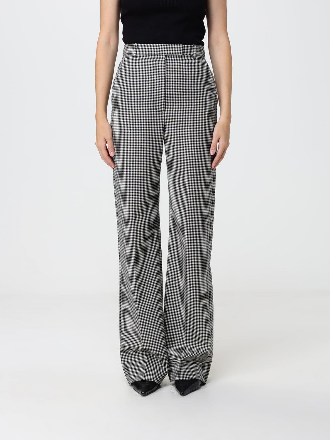 Mcqueen Vichy Pattern Wool Flared Tailored Trousers with High Waist