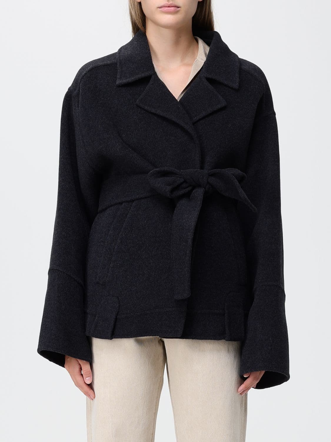 Khaite Short Wool Robe Coat with Waist Belt and Dropped Shoulders