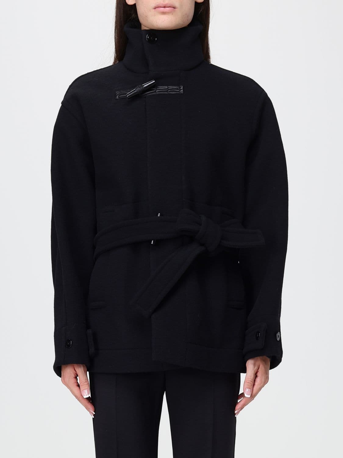 Lemaire Black Pure Wool Short Coat with Belt and Funnel Neck
