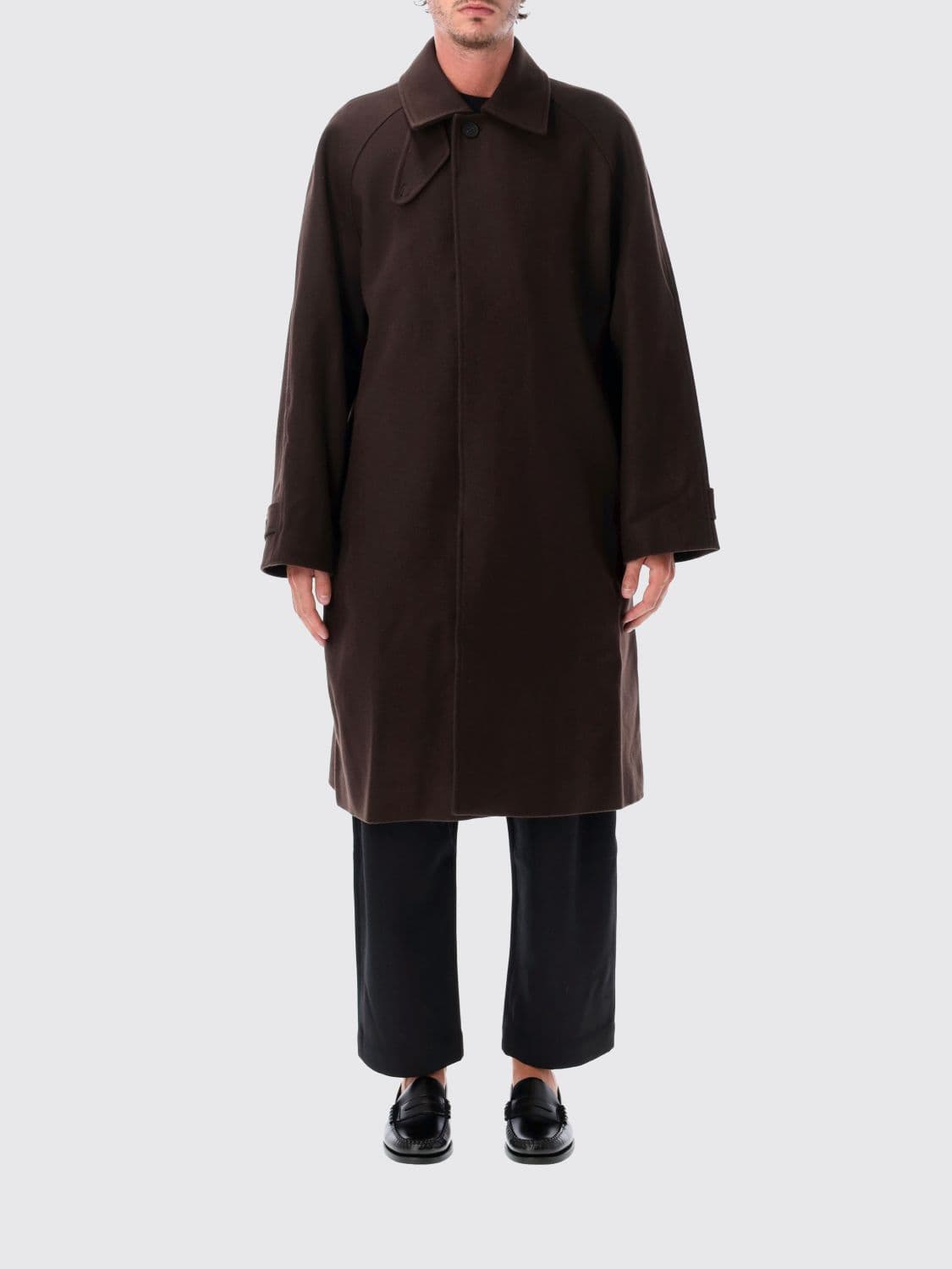 Studio Nicholson Single-Breasted Long Wool Coat with Dropped Shoulders