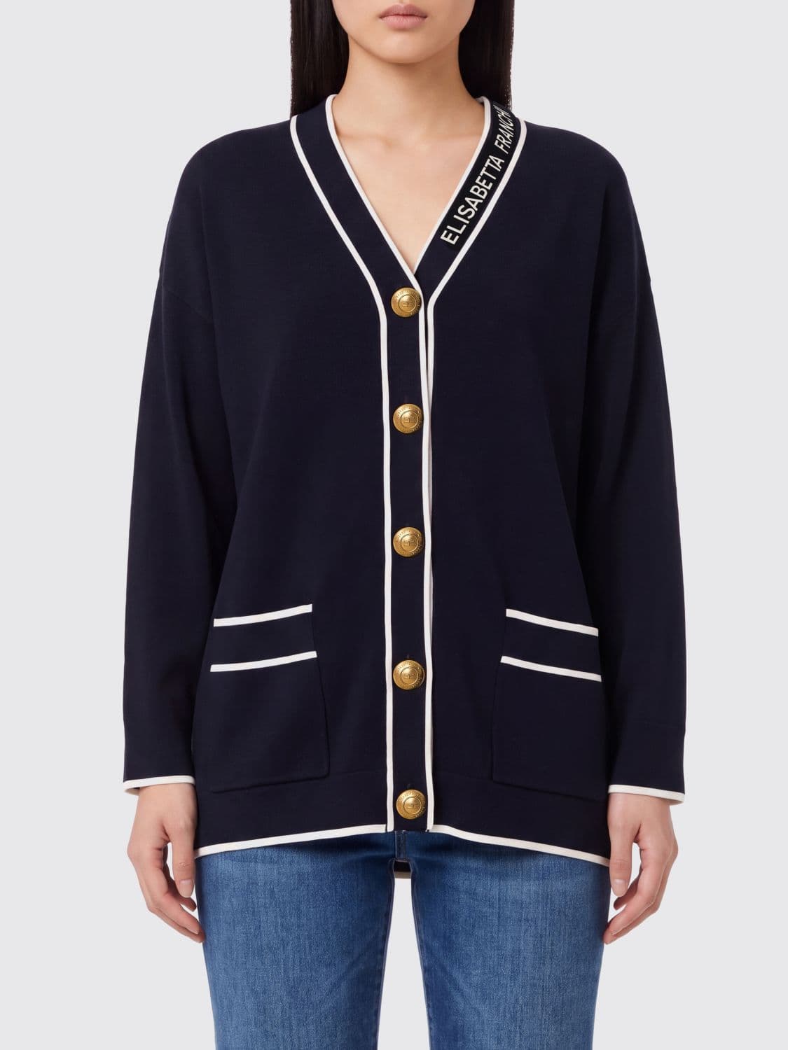 Elisabetta Franchi Virgin Wool Cardigan with Contrast Trims and Logo