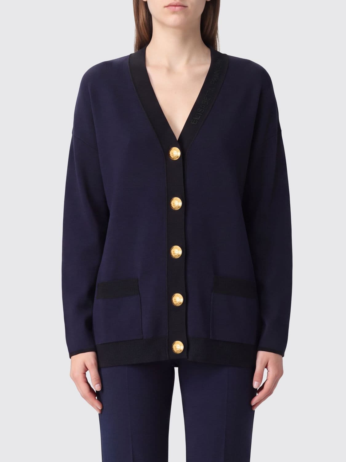 Elisabetta Franchi Virgin Wool Cardigan with Contrast Trims and Logo