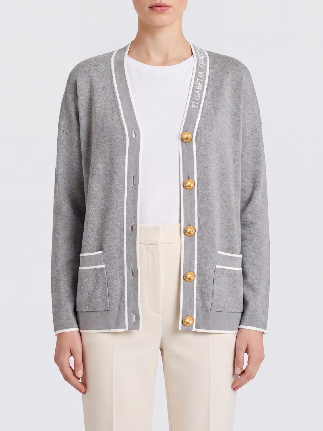 Elisabetta Franchi Virgin Wool Cardigan with Contrast Trims and Logo