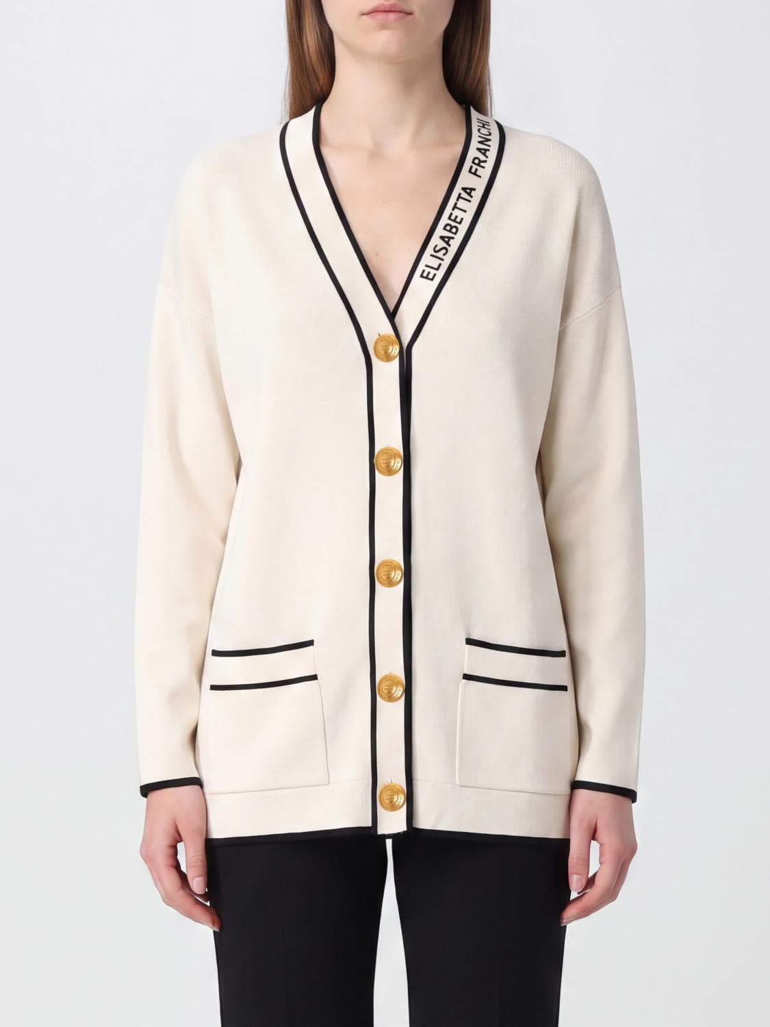 Elisabetta Franchi Virgin Wool Cardigan with Contrast Trims and Logo
