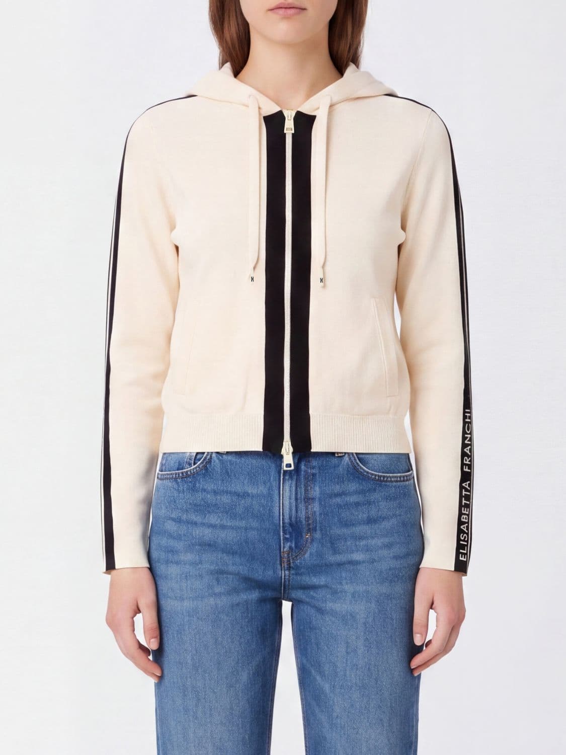Elisabetta Franchi Wool Blend Knit Zip-Up Hoodie with Logo Bands · 38