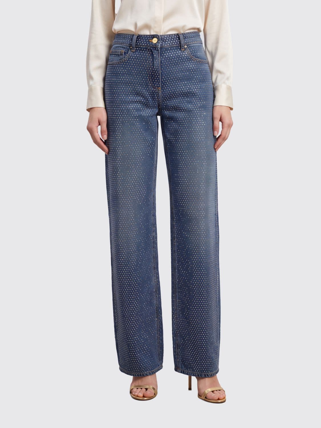 Elisabetta Franchi High-Waisted Wide-Leg Denim Jeans with Rhinestones