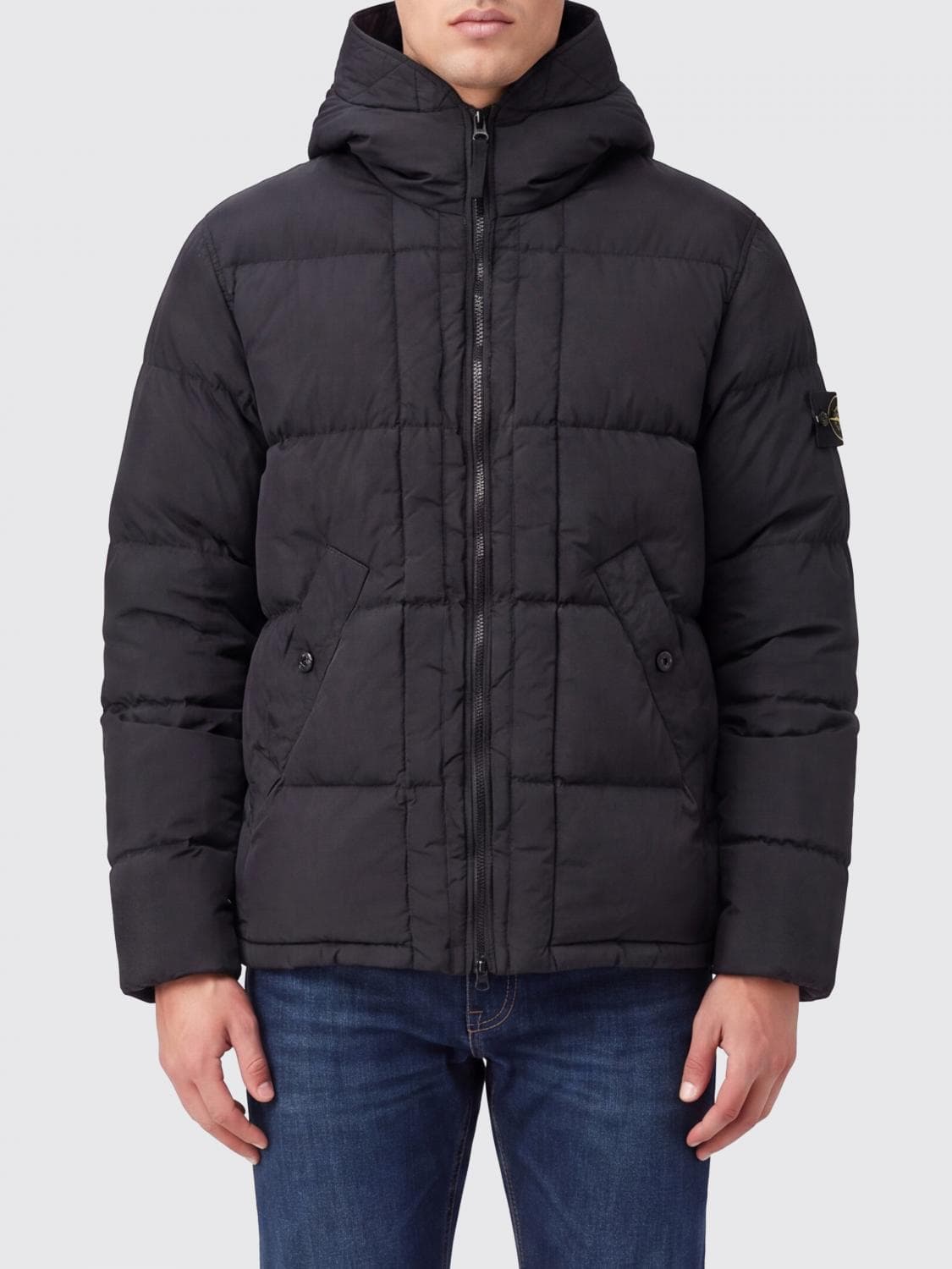 Stone Island Short Down Jacket in Recycled Nylon with Hood and Compass Logo