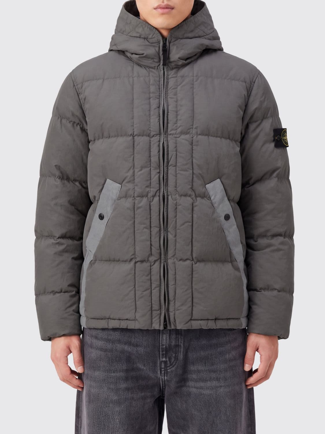 Stone Island Short Down Jacket in Recycled Nylon with Hood and Compass Logo