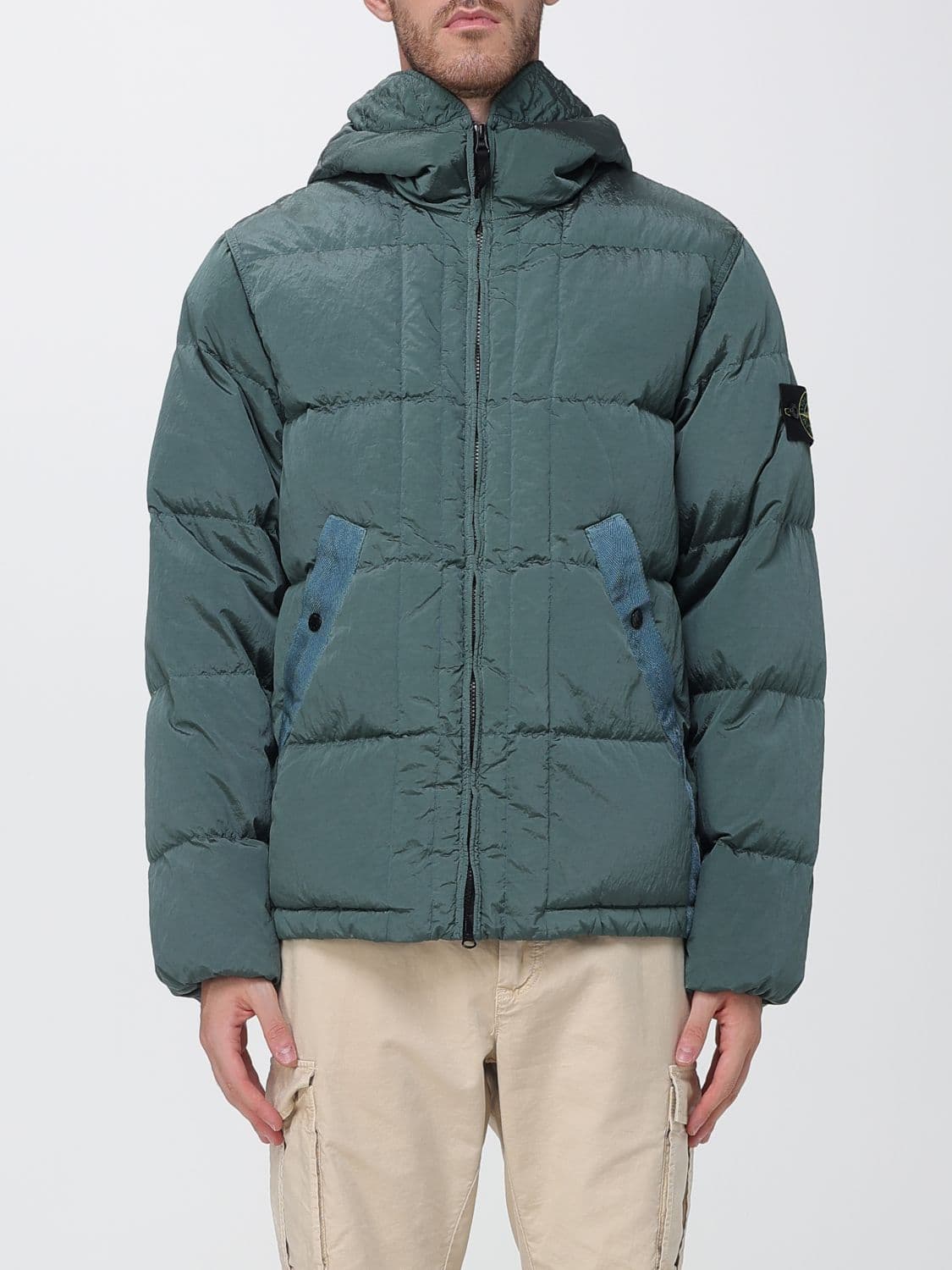 Stone Island Short Down Jacket in Recycled Nylon with Hood and Compass Logo