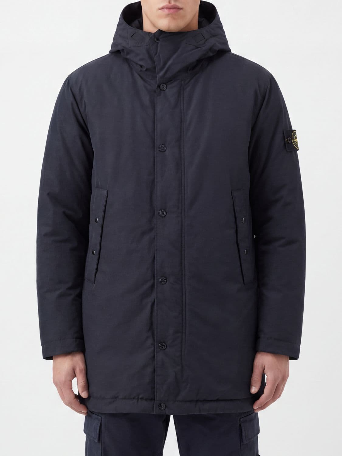 Stone Island Short Parka in Recycled Technical Fabric with Hood and Logo