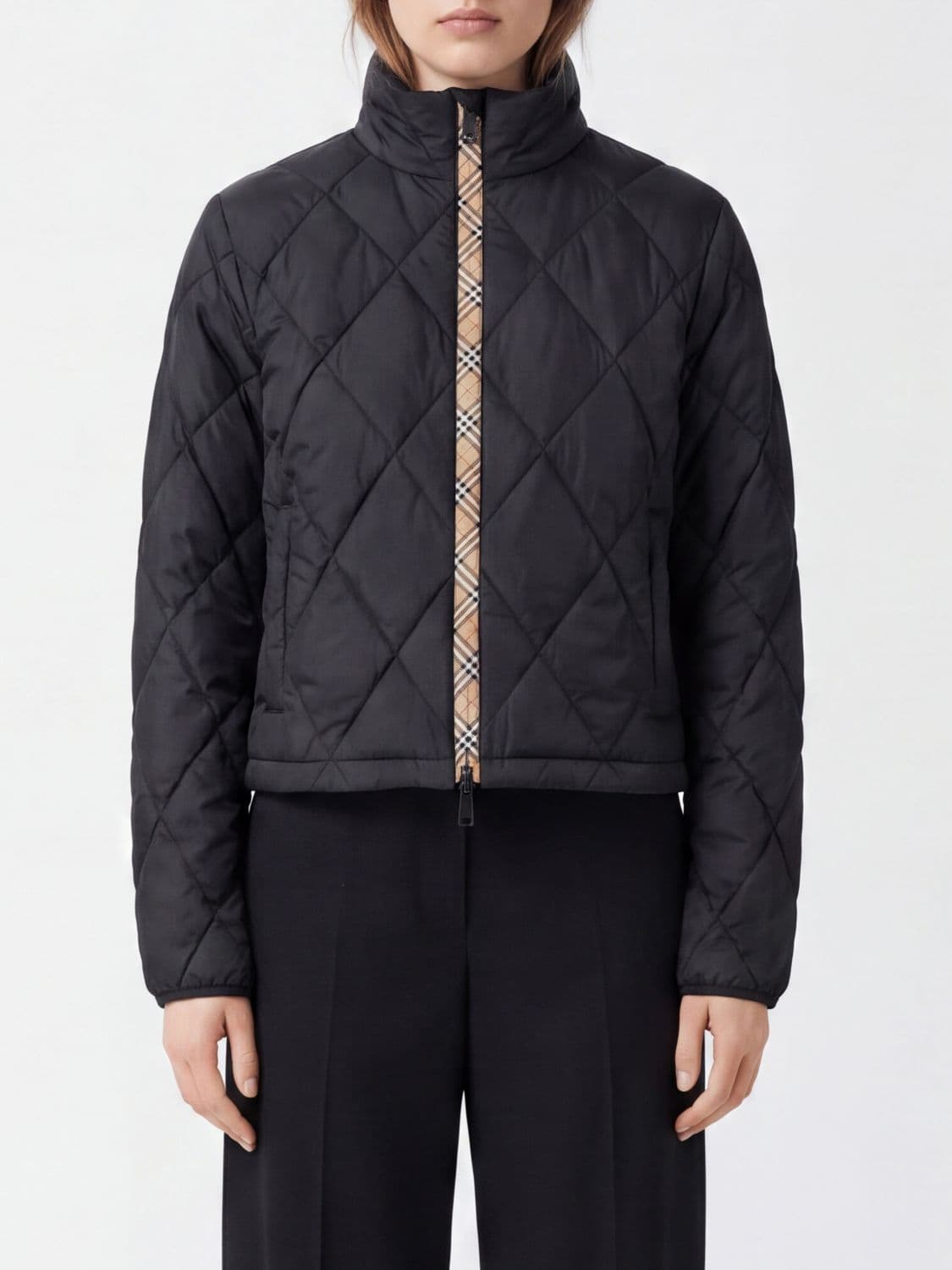 Burberry Quilted Nylon Short Puffer Jacket with High Neck and Zip Closure