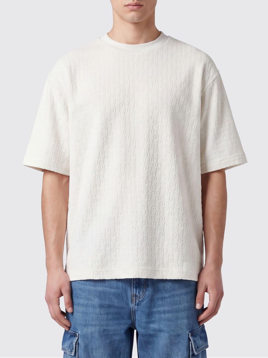 Off-White Relaxed Fit T-shirt in Cotton with Jacquard Monogram Logo and Dropped Shoulders