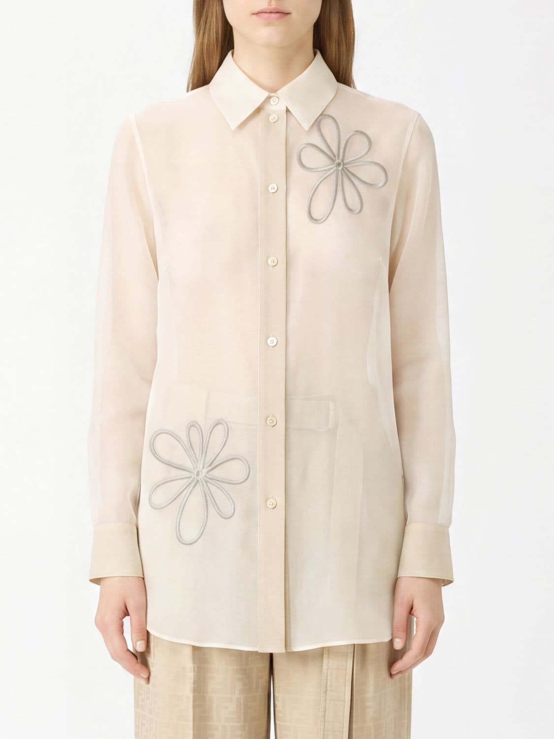 Fendi Silk and Cupro Blend Shirt with Embroidered Floral Appliqué