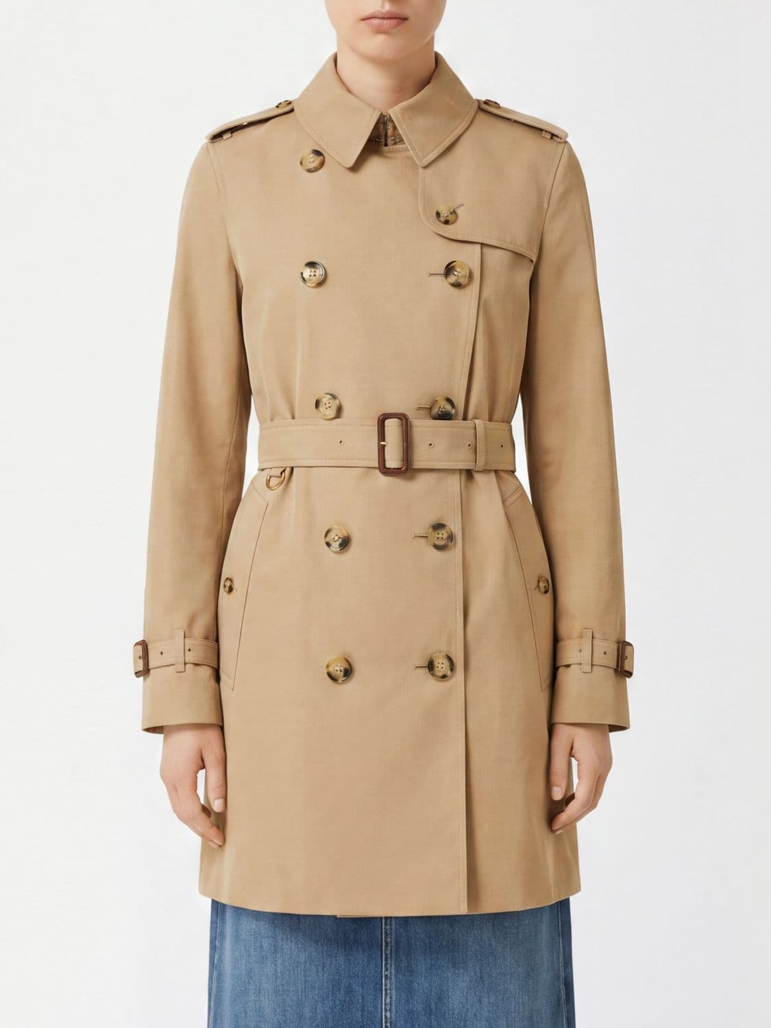 Burberry Short Double-Breasted Cotton Trench Coat with Belt and Classic Epaulettes