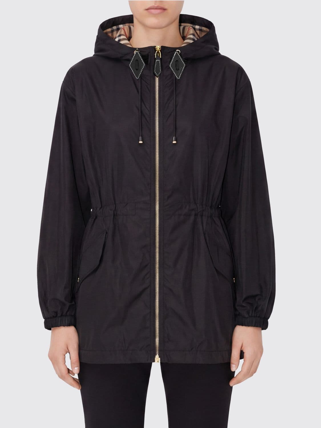 Burberry Cropped Hooded Nylon Windbreaker Jacket with Zip Fastening