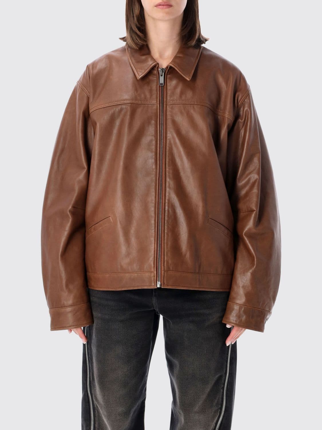 Haikure Vintage-Style Cropped Leather Jacket with Dropped Shoulders