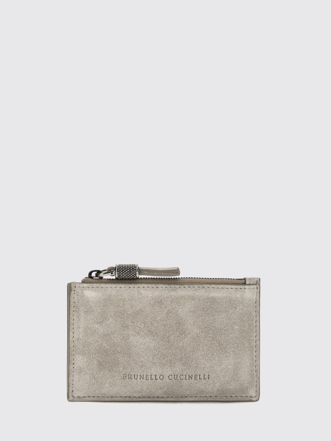 Brunello Cucinelli Suede Leather Zipped Flat Card Holder with Logo · OS