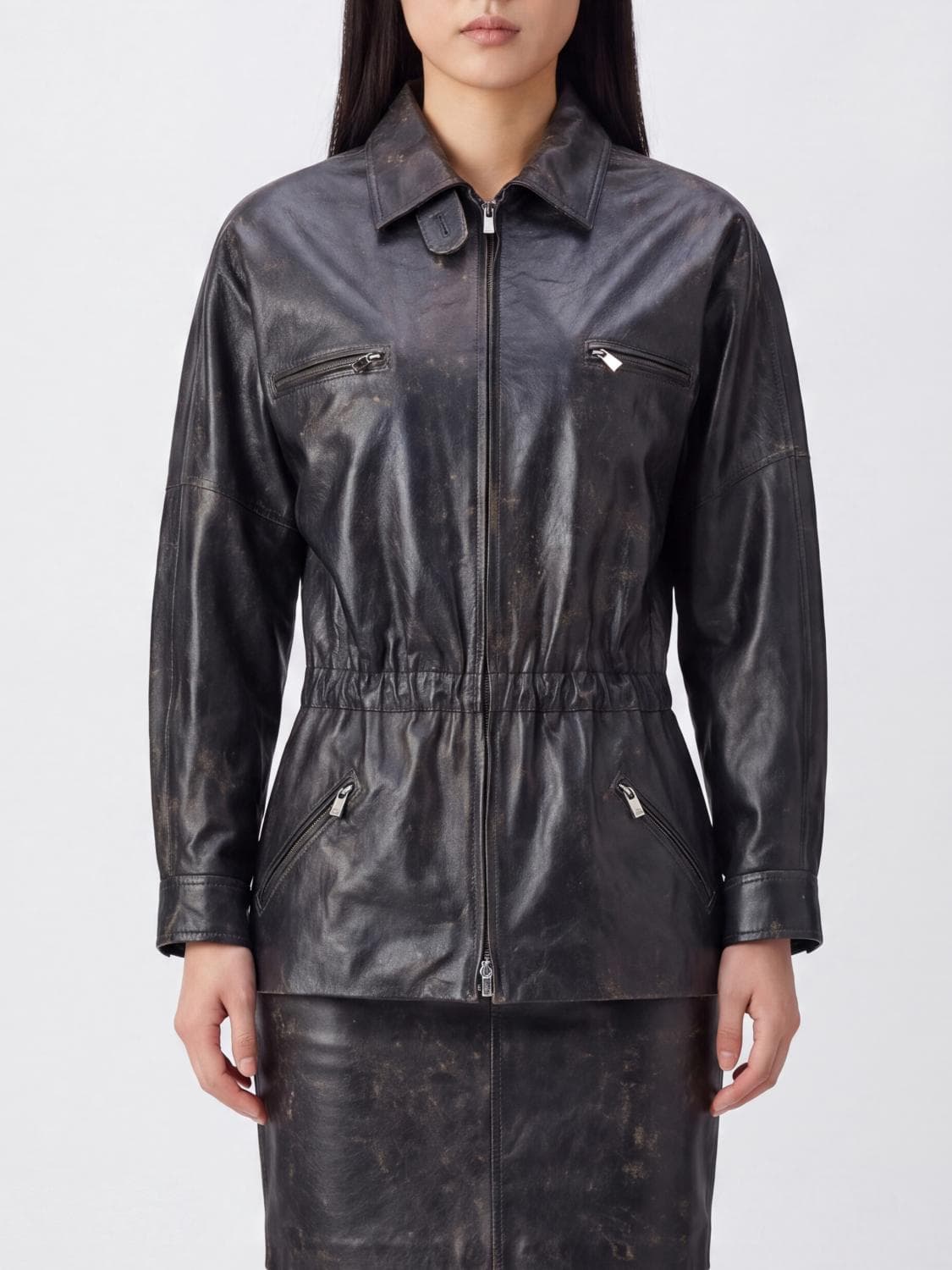 Magda Butrym Distressed Sheepskin Leather Jacket with a Drawstring Waist