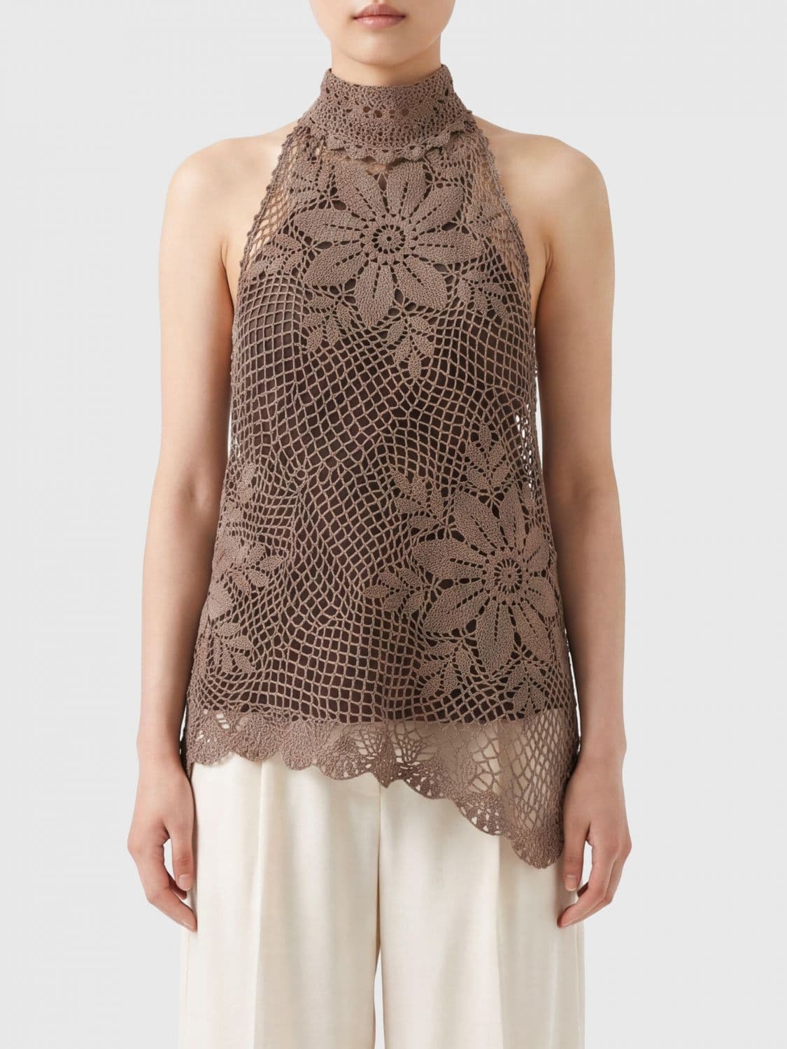 Magda Butrym Crochet Cotton Halterneck Top with a Turtleneck Design