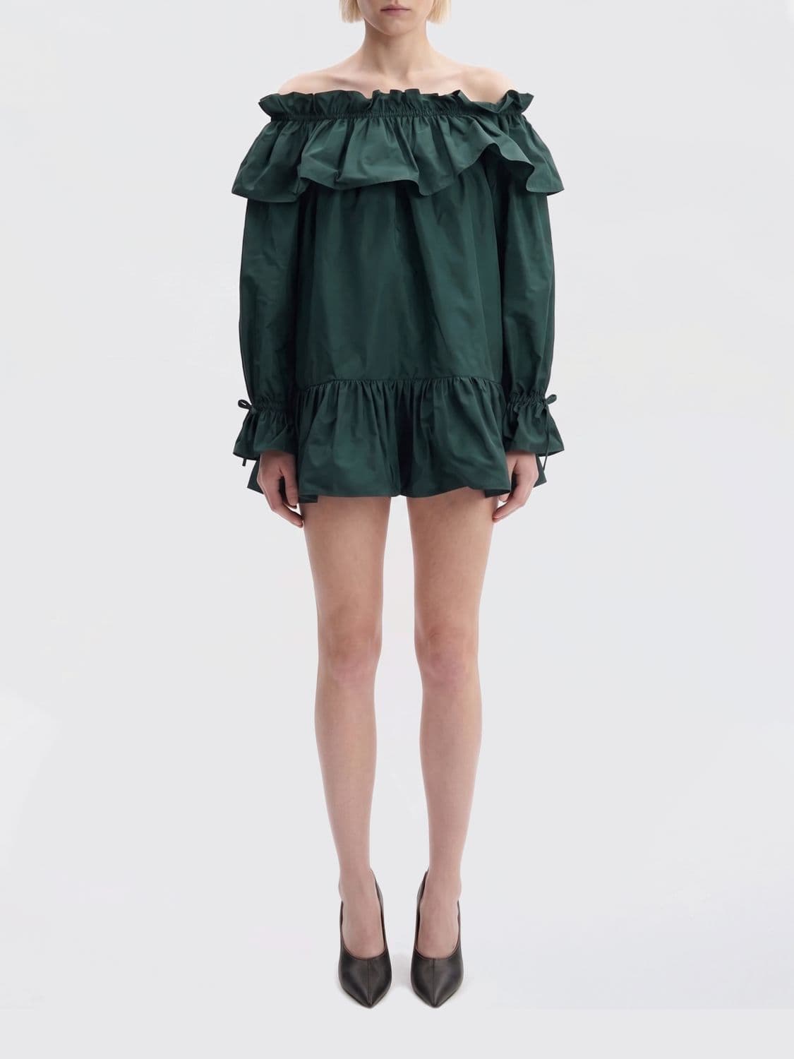 Saint Laurent A-Line Mini Dress in Embroidered Cotton Poplin with Ruffles