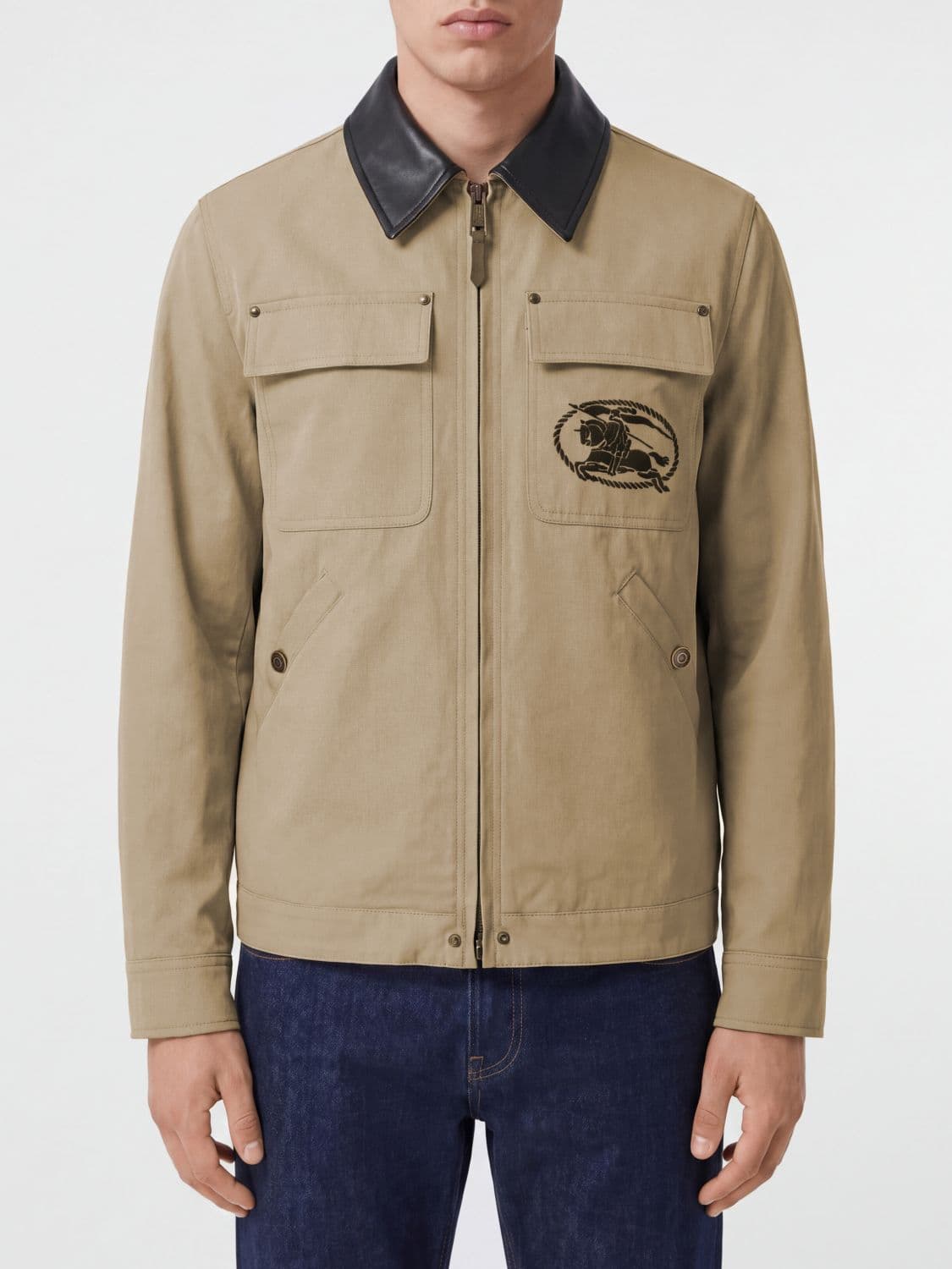 Burberry EKD Logo Cotton Shirt Jacket with Leather Collar · 48