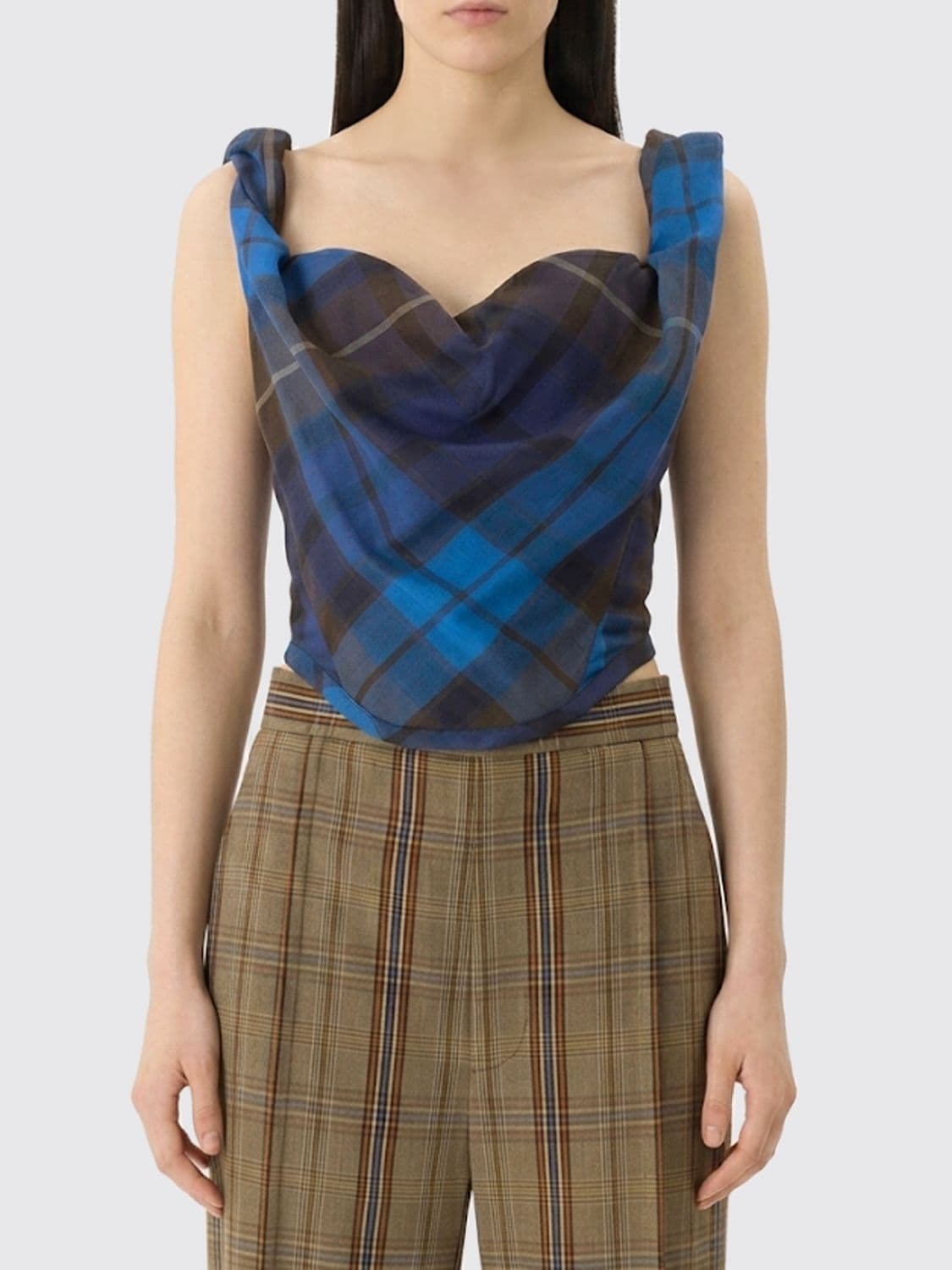 Vivienne Westwood Draped Tartan Wool Corset Top with Sweetheart Neckline · 40