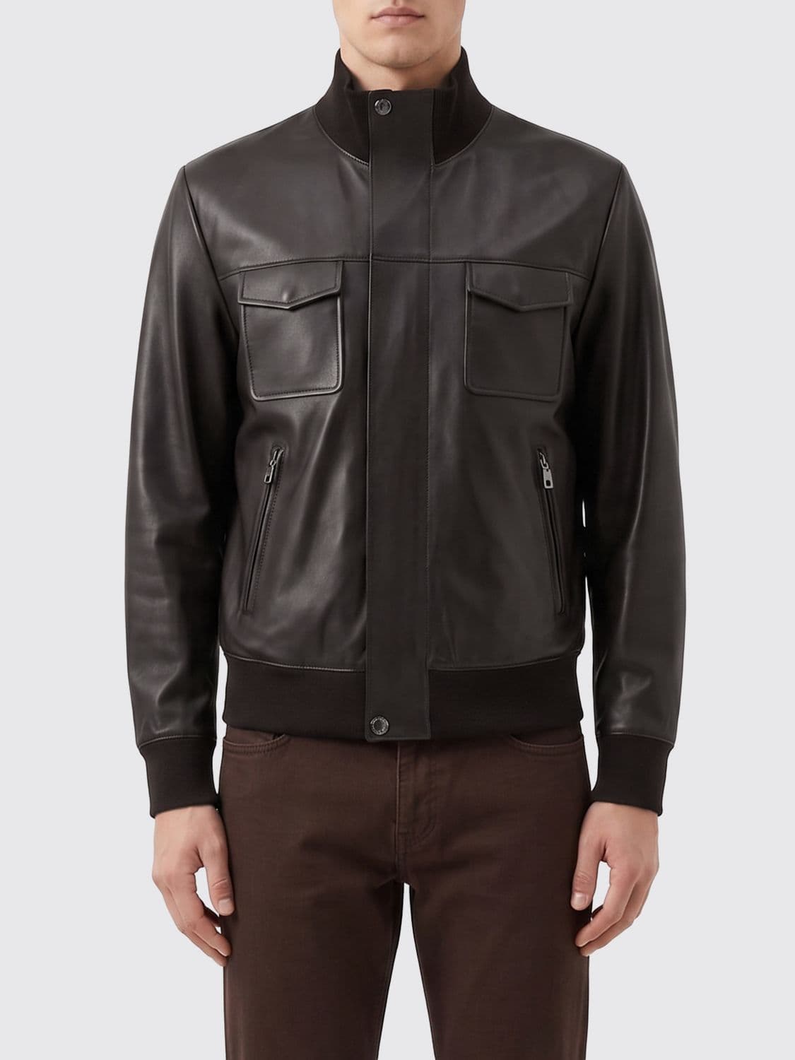 Dolce & Gabbana Smooth Lambskin Leather Bomber Jacket with High Neck