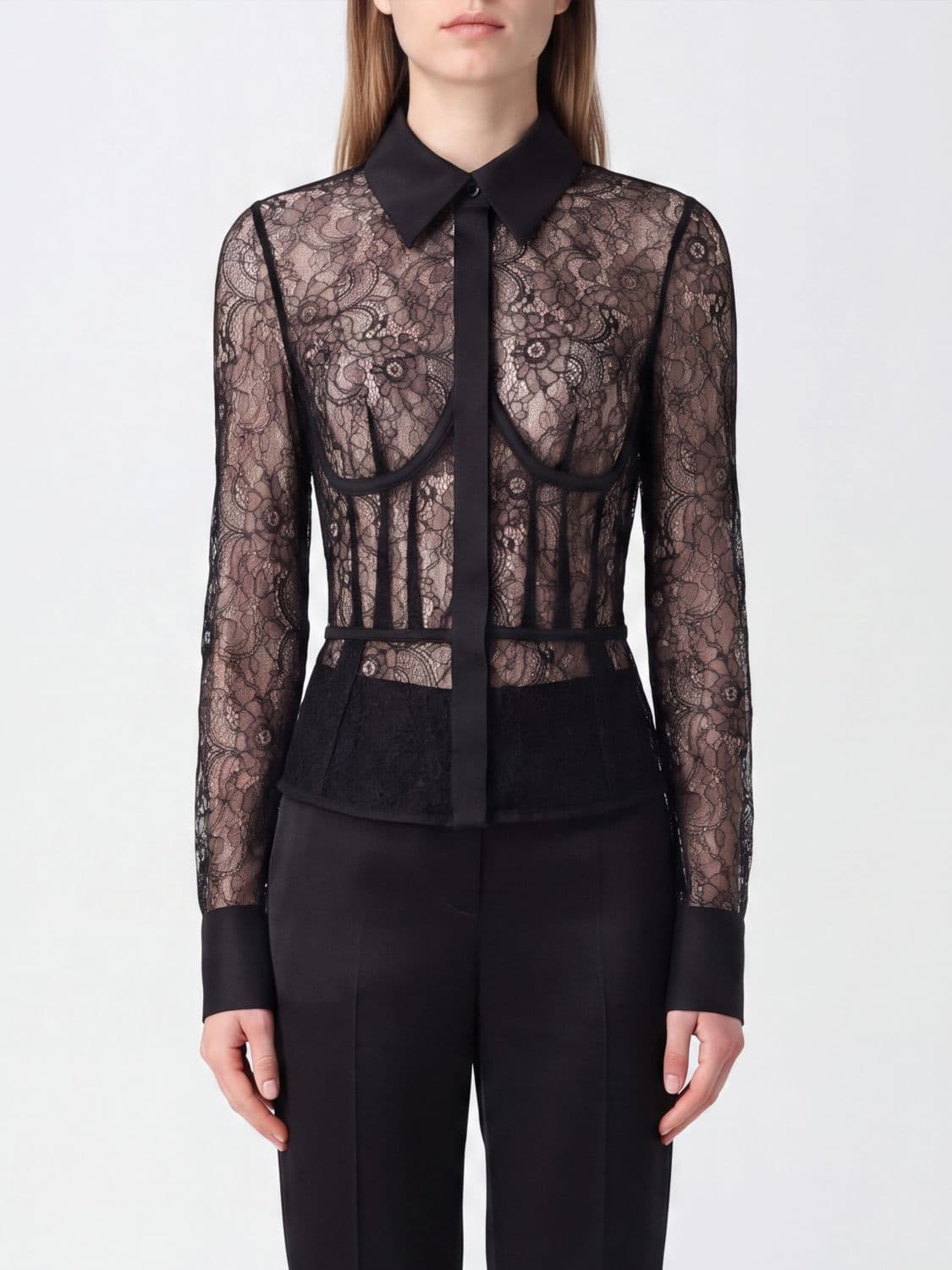 Elisabetta Franchi Sheer Lace Corset Shirt with Classic Collar