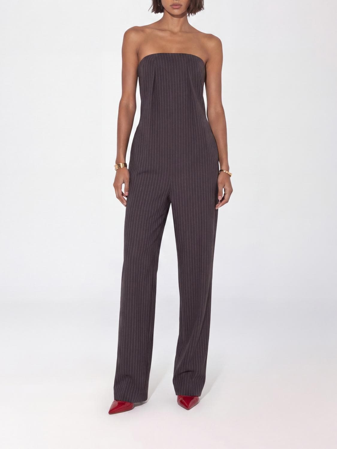 Elisabetta Franchi Pinstripe Off-the-Shoulder Wool-Blend Jumpsuit