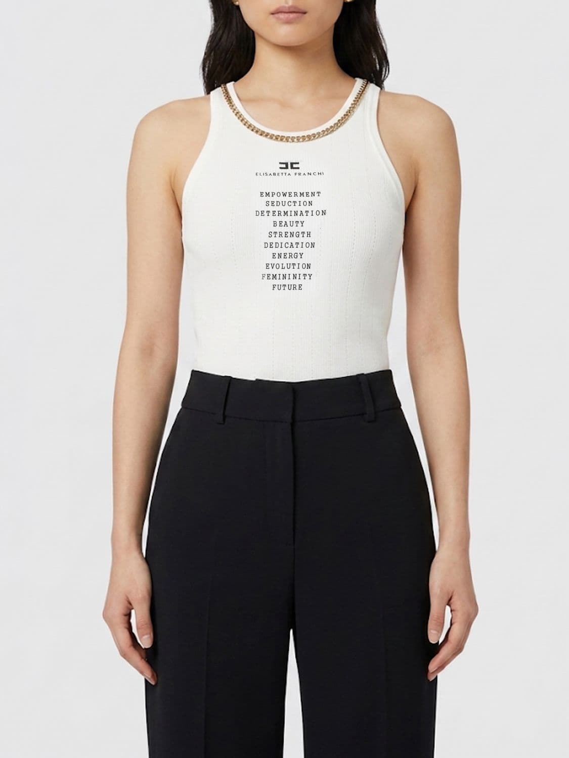 Elisabetta Franchi Silk Blend Slim Fit Top with Logo Print and Metallic Mesh