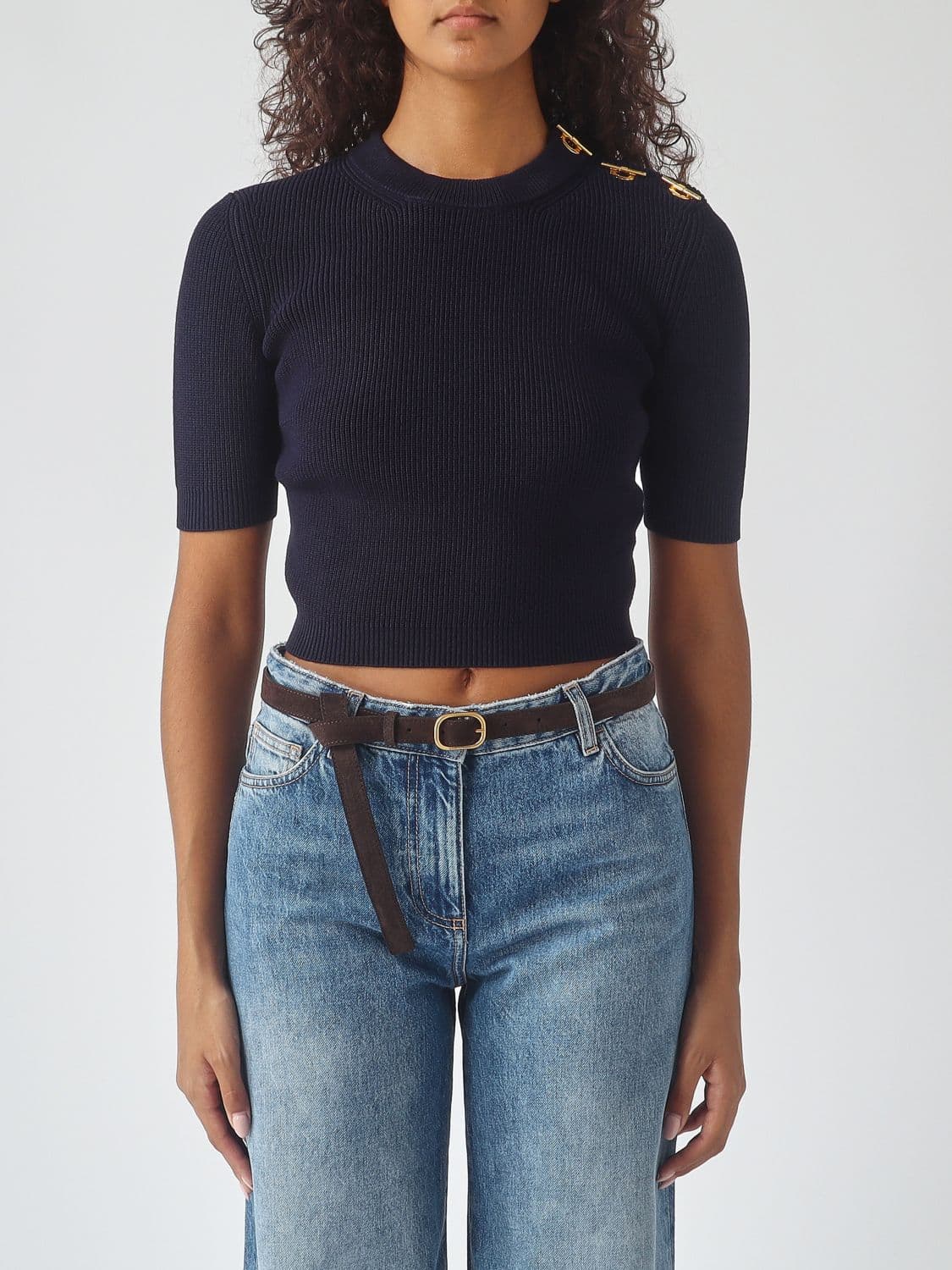 Elisabetta Franchi Cropped Ribbed Viscose Top with Metal Eyelets