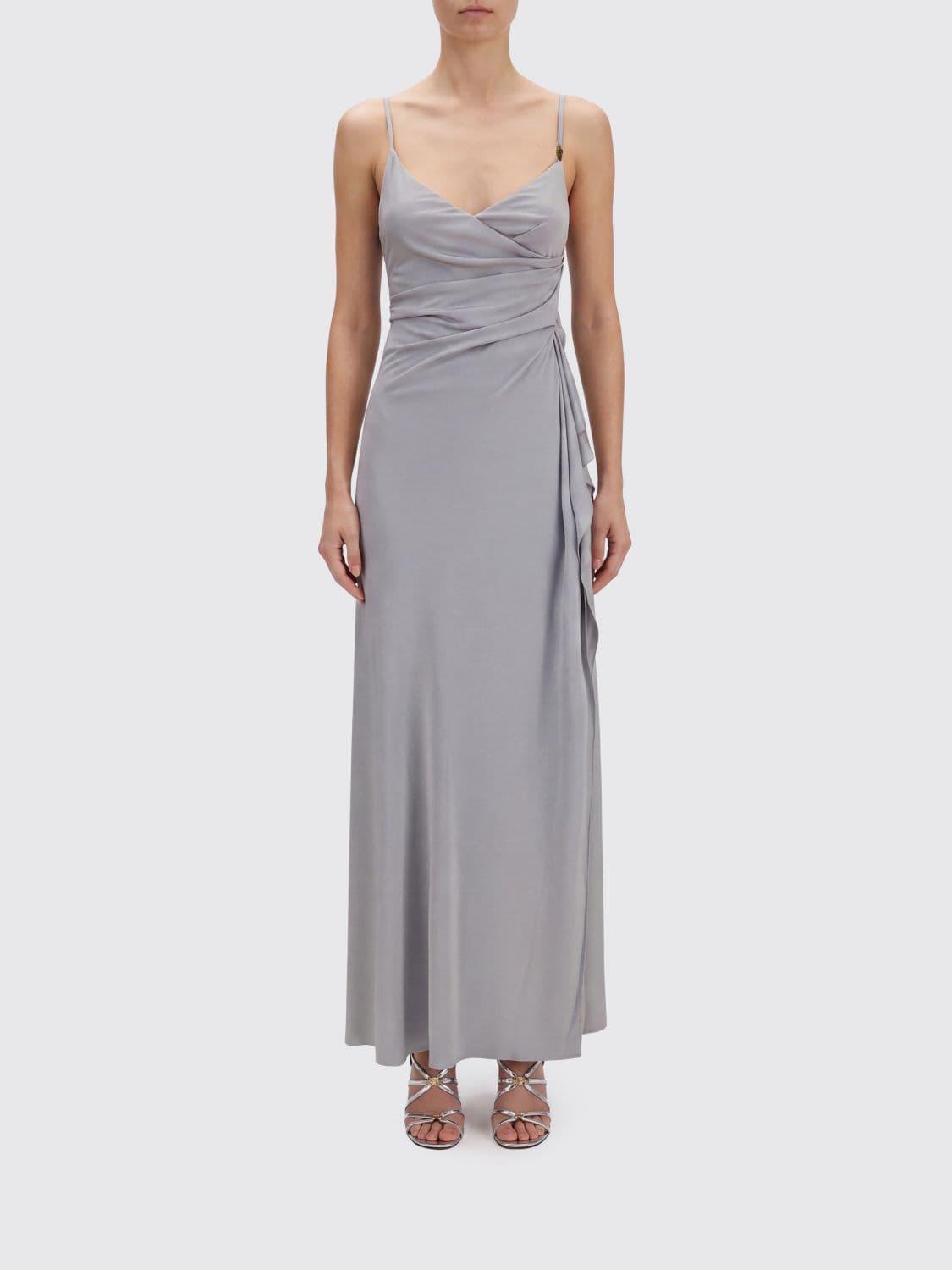 Versace Viscose Jersey Long Evening Gown with Logo Straps · 40