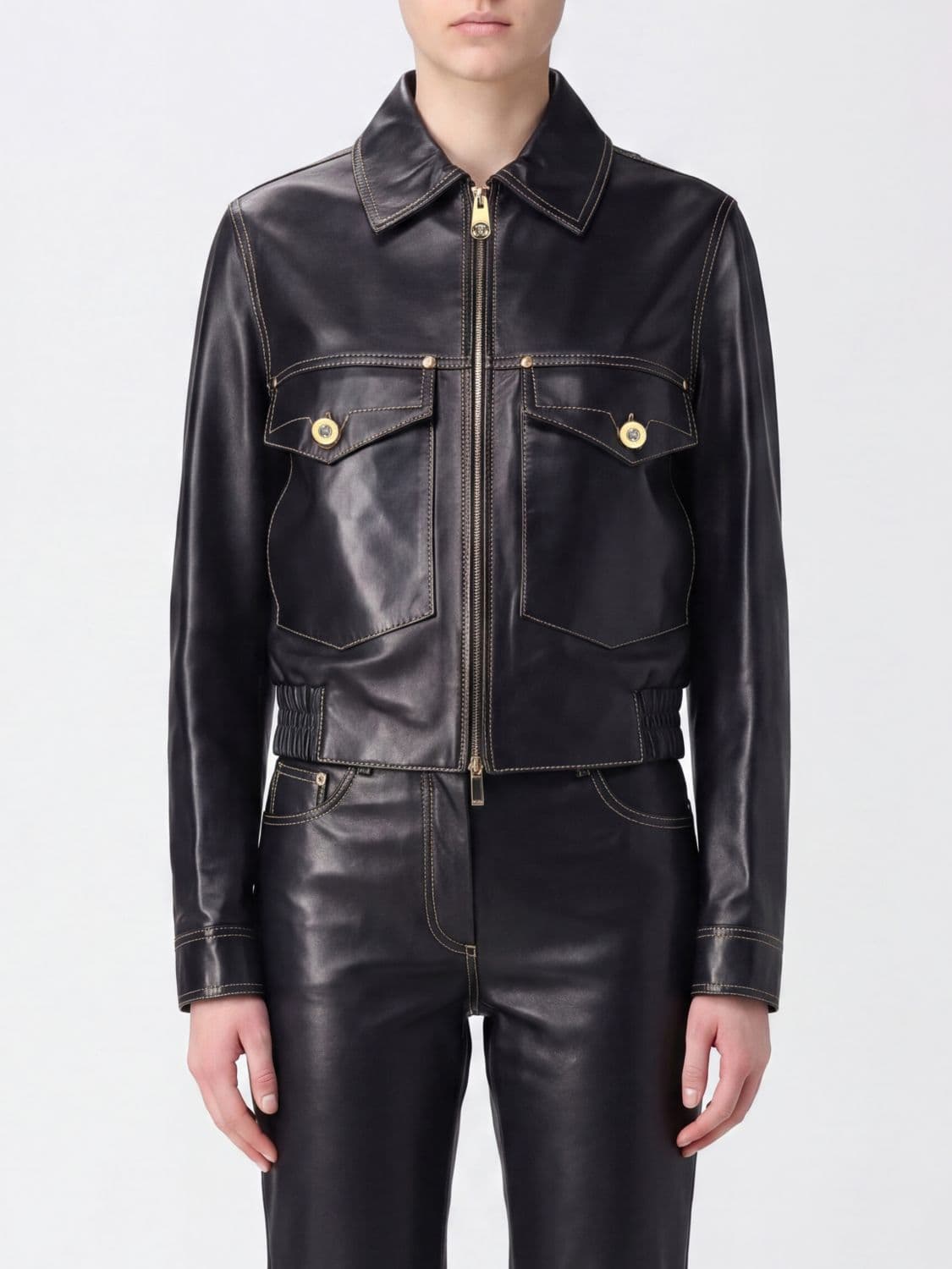 Versace Cropped Lambskin Leather Shirt Jacket with Patch Pockets