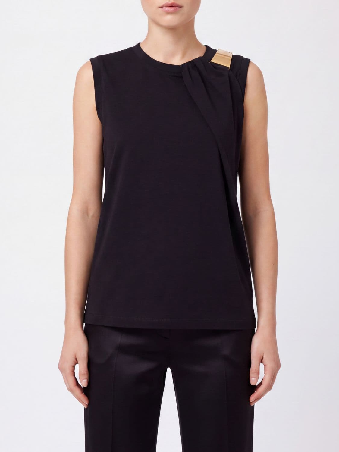 Elisabetta Franchi Sleeveless Draped Cotton Top with Metal Logo
