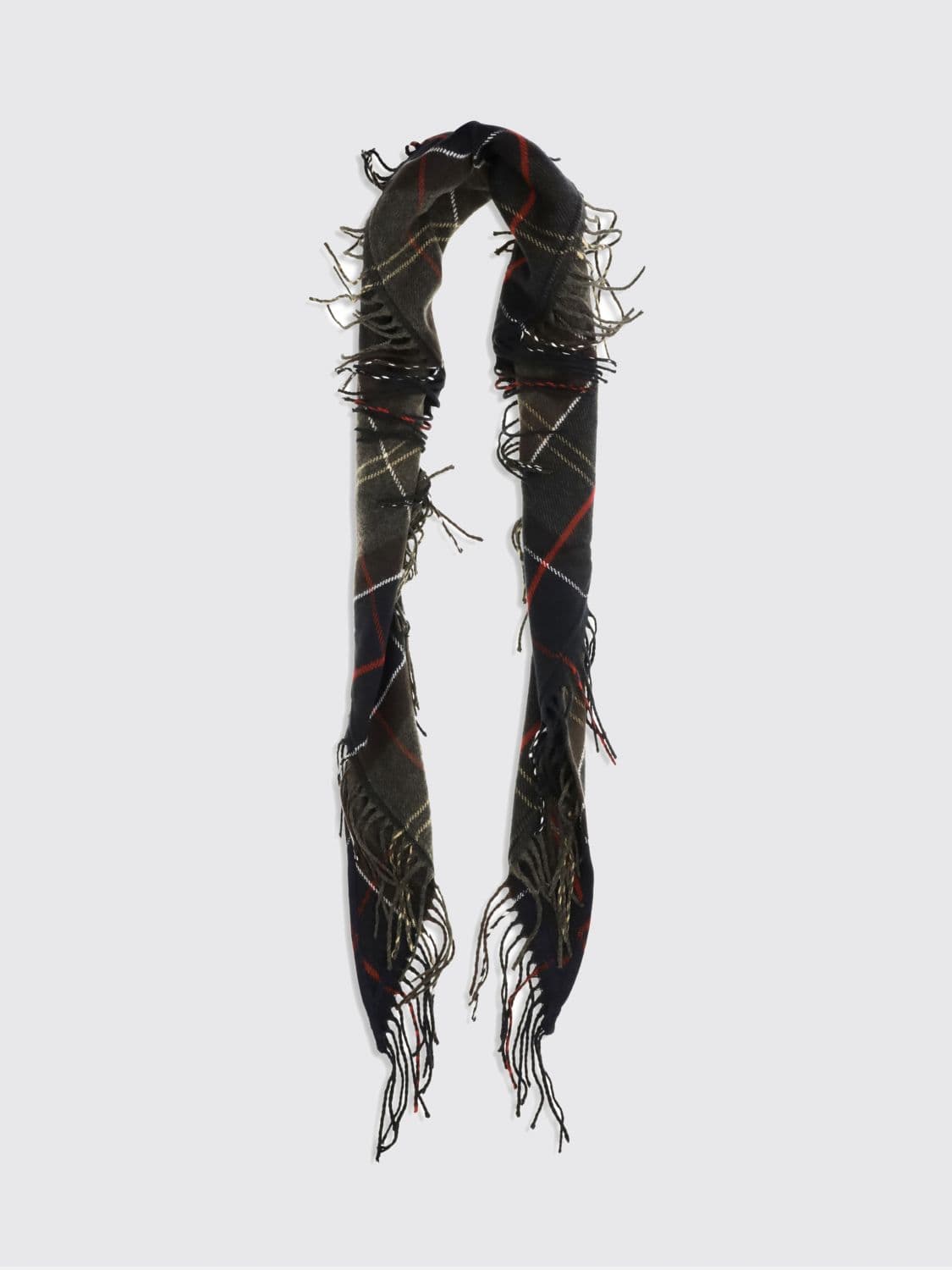 Barbour Triangular Tartan Pattern Acrylic Scarf with Fringed Hem