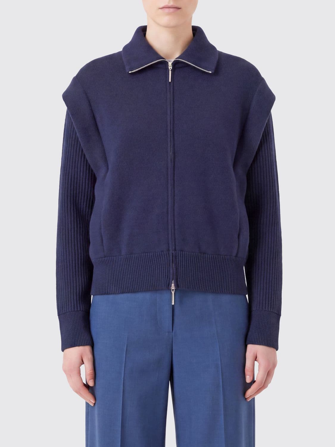 Giorgio Armani Knitted Wool Bomber Jacket with Zip Closure and Ribbed Trims