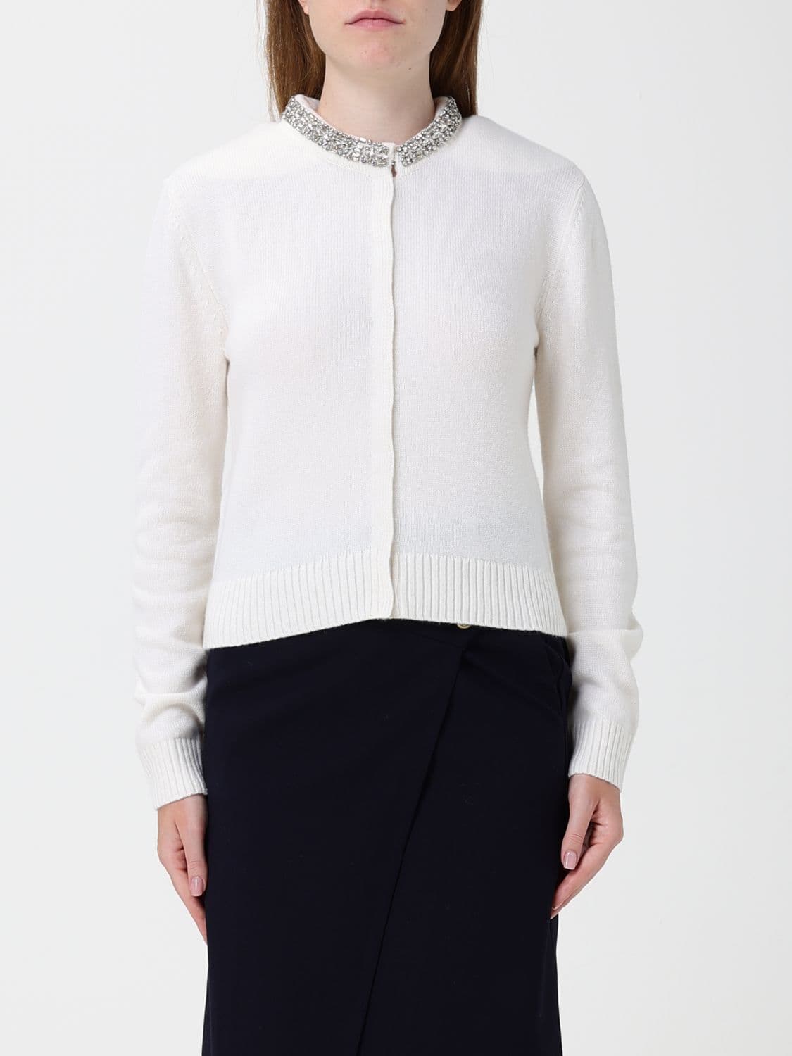 Pinko Crewneck Wool-Blend Cardigan with Crystal Applications
