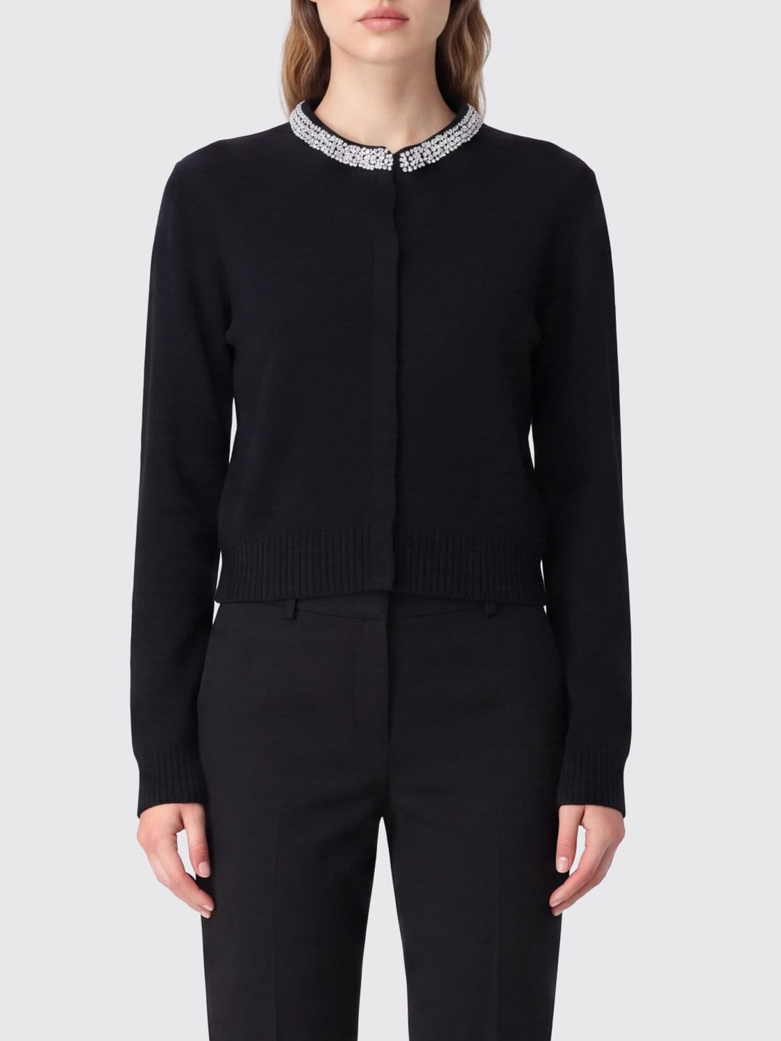 Pinko Crewneck Wool-Blend Cardigan with Crystal Applications