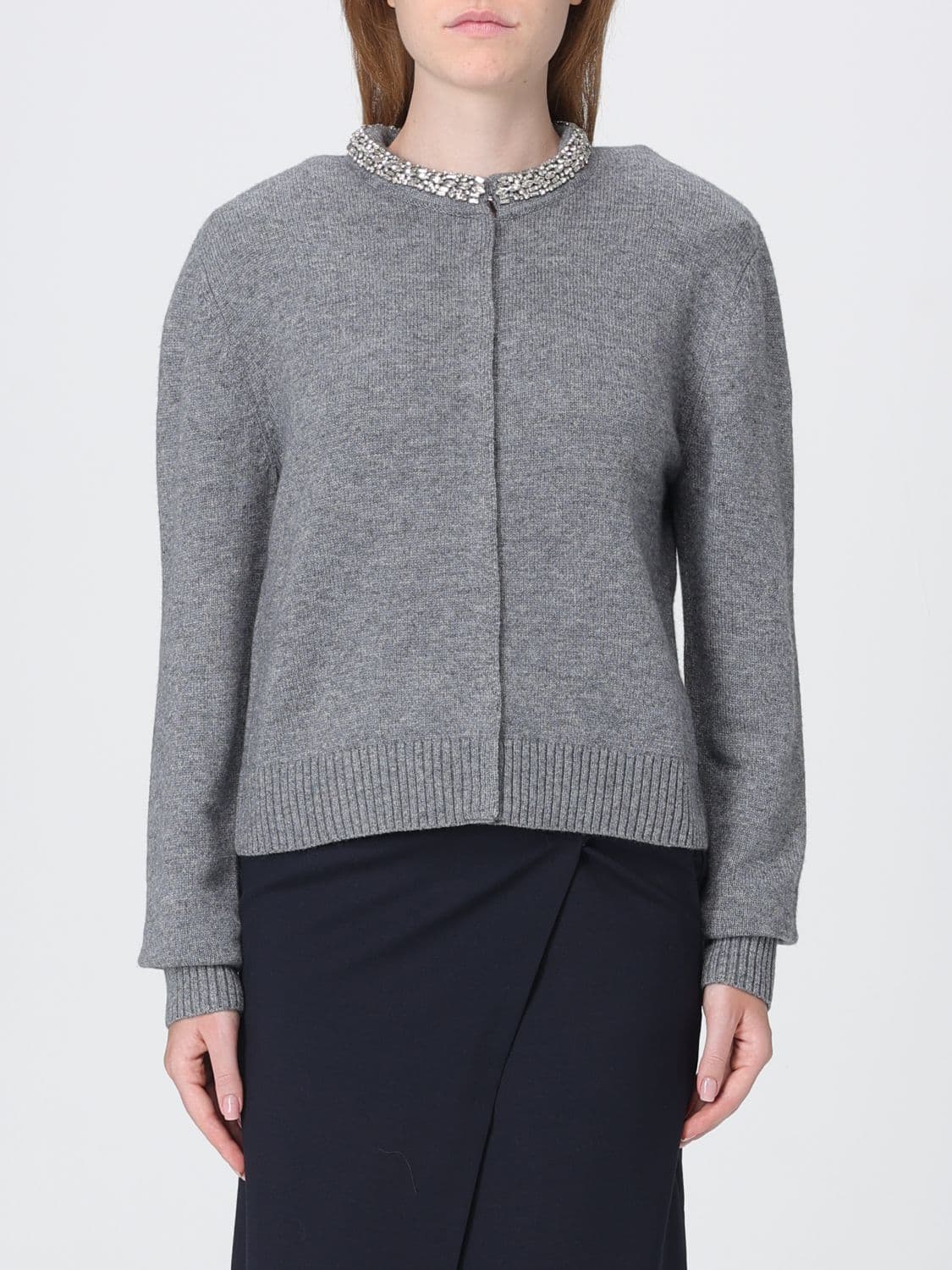 Pinko Crewneck Wool-Blend Cardigan with Crystal Applications